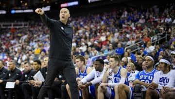 Mark Pope calls out a play in BYU’s Big 12 Tournament loss to Texas Tech
