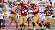 Aug 30, 2025; Chestnut Hill, Massachusetts, USA; Boston College Eagles running back Bo MacCormack III (24) celebrates a touchdown against the Fordham Rams with teammates  during the second half at Alumni Stadium. Mandatory Credit: Eric Canha-Imagn Images