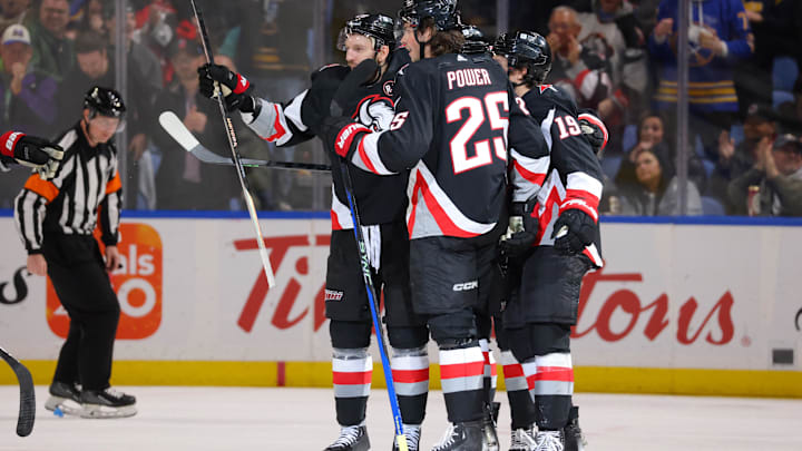 Mar 2, 2024; Buffalo, New York, USA;  Buffalo Sabres defenseman Owen Power (25) celebrates his goal