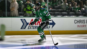 Dec 1, 2024; Dallas, Texas, USA; Dallas Stars center Tyler Seguin (91) before the game between the Dallas Stars and the Winnipeg Jets at American Airlines Center. Mandatory Credit: Jerome Miron-Imagn Images