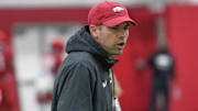 Arkansas Razorbacks wide receivers coach Ronnie Fouch during a spring practice indoors in Fayetteville, Ark.