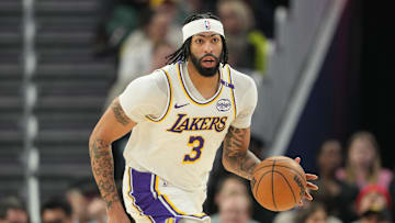 Jan 25, 2025; San Francisco, California, USA; Los Angeles Lakers forward Anthony Davis (3) dribbles against the Golden State Warriors during the second quarter at Chase Center. Mandatory Credit: Darren Yamashita-Imagn Images