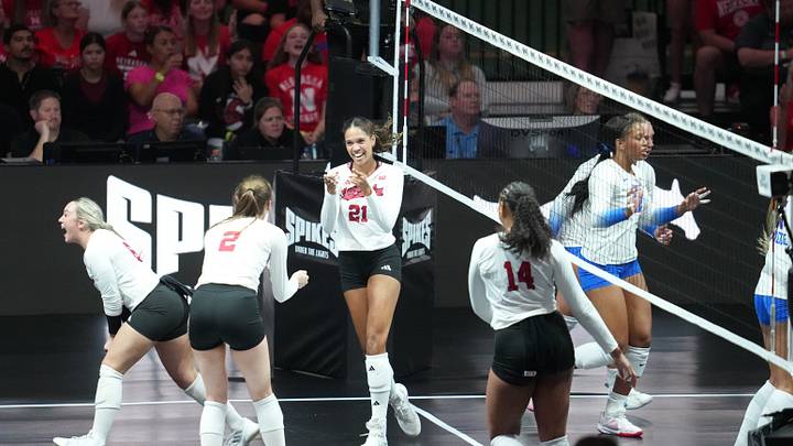 Aug 27, 2026; Arlington, TX, USA; Nebraska Cornhuskers players celebrate a point during their volleyball match against the SMU Mustangs at AT&T Stadium. Mandatory Credit: Chris Jones-Imagn Images Aug 27, 2026; Arlington, TX, USA; Nebraska Cornhuskers players celebrate a point during their volleyball match against the SMU Mustangs at AT&T Stadium. Mandatory Credit: Chris Jones-Imagn Images