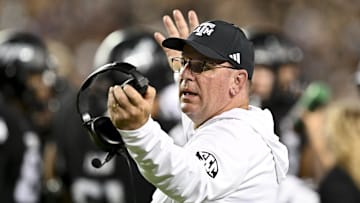 Oct 26, 2024; College Station, Texas, USA; Texas A&M Aggies head coach Mike Elko reacts to a call in the third quarter against the LSU Tigers at Kyle Field. Mandatory Credit: Maria Lysaker-Imagn Images. 