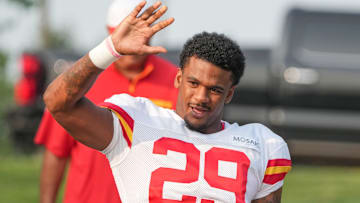 Jul 26, 2024; Kansas City, MO, USA; Kansas City Chiefs linebacker Curtis Jacobs (29) walks from the locker room to the fields prior to training camp at Missouri Western State University. Mandatory Credit: Denny Medley-Imagn Images