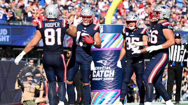 Patriots celebrate a touchdown against the Carolina Panthers 