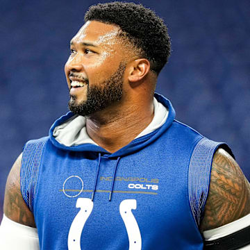 Indianapolis Colts defensive tackle DeForest Buckner (99) smiles Sunday, Nov. 10, 2024, during a game against the Buffalo Bills at Lucas Oil Stadium in Indianapolis.