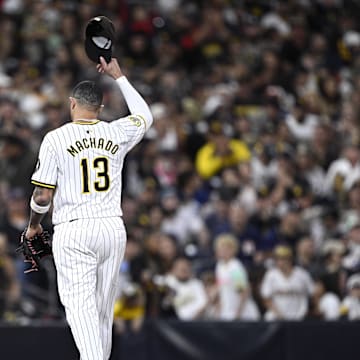 San Diego Padres third baseman Manny Machado (13) acknowledges the crowd after it was announced during the fourth inning that Machado had broken the all-time Padres home run record on the road September 10th during the game against the Houston Astros at Petco Park on Sept 16.