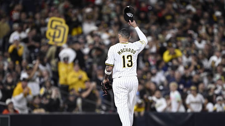 San Diego Padres third baseman Manny Machado (13) acknowledges the crowd after it was announced during the fourth inning that Machado had broken the all-time Padres home run record on the road September 10th during the game against the Houston Astros at Petco Park on Sept 16.