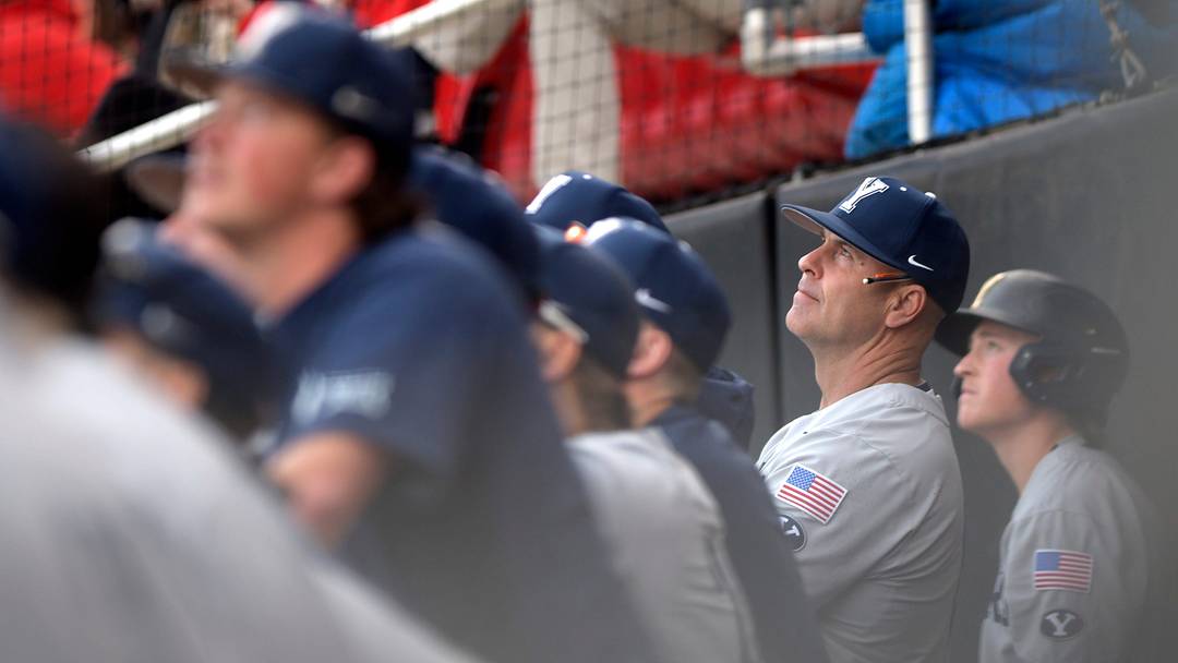 BYU's head baseball coach Trent Pratt watches the ball during game one of the Big 12 baseball series against Texas Tech, Thursday, March 21, 2024, at Rip Griffin Park.