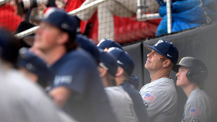 BYU's head baseball coach Trent Pratt watches the ball during game one of the Big 12 baseball series against Texas Tech, Thursday, March 21, 2024, at Rip Griffin Park.