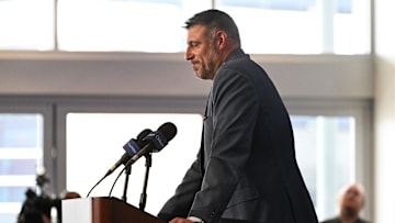 Jan 13, 2025; Foxborough, MA, USA; Mike Vrabel addresses media at a press conference to announce his hiring as the New England Patriots head coach at Gillette Stadium. Mandatory Credit: Eric Canha-Imagn Images
