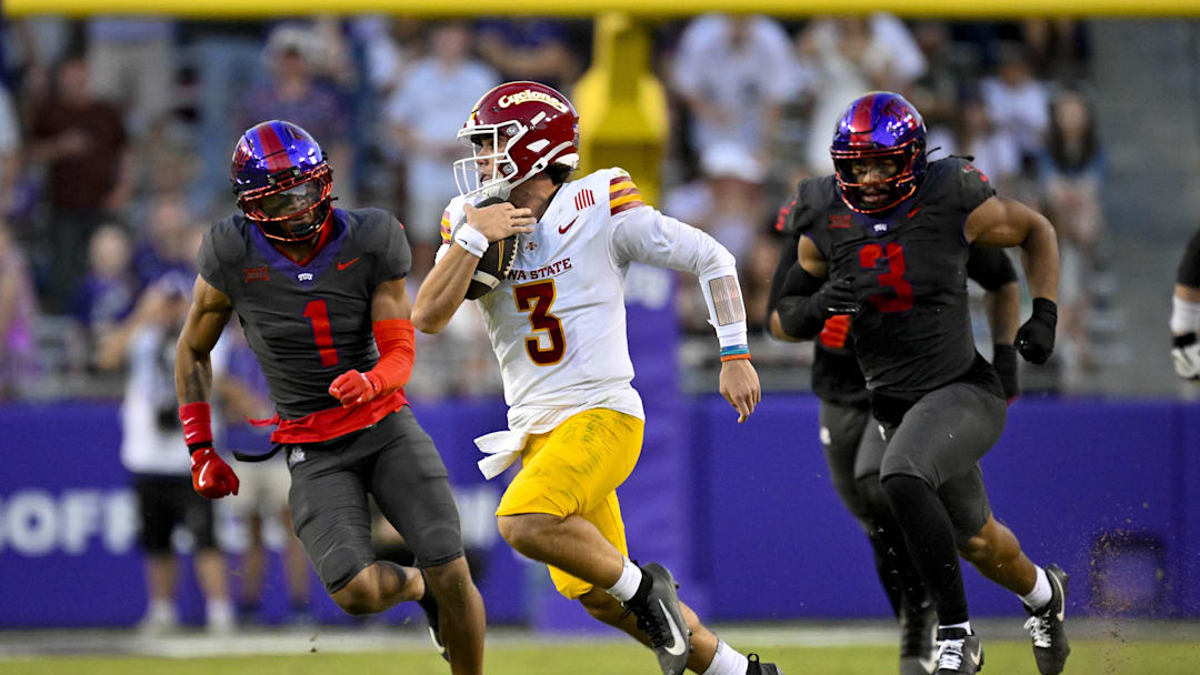 Nov 8, 2025; Fort Worth, Texas, USA; Iowa State Cyclones quarterback Rocco Becht (3) runs with the ball against the TCU Horned Frogs during the second half at Amon G. Carter Stadium. Mandatory Credit: Jerome Miron-Imagn Images