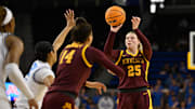 Feb 2, 2025; Los Angeles, California, USA; Minnesota Golden Gophers guard Grace Grocholski (25) shoots during the second quarter against the UCLA Bruins at Pauley Pavilion presented by Wescom. Mandatory Credit: Robert Hanashiro-Imagn Images