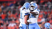 Oct 31, 2025; Syracuse, New York, USA; North Carolina Tar Heels running back Demon June (12) is greeted by tight end Conner Cox (81) after scoring a touchdown in the third quarter against the Syracuse Orange at the JMA Wireless Dome. Mandatory Credit: Mark Konezny-Imagn Images