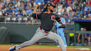 Jul 26, 2025; Kansas City, Missouri, USA; Cleveland Guardians relief pitcher Emmanuel Clase (48) delivers a pitch against the Kansas City Royals in the ninth inning at Kauffman Stadium. Mandatory Credit: Denny Medley-Imagn Images