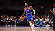 Oct 5, 2025; North Charleston, South Carolina, USA; Oklahoma City Thunder guard Isaiah Joe (11) drives up the court against the Charlotte Hornets in the first quarter at North Charleston Coliseum. Mandatory Credit: Arthur Ellis-Imagn Images