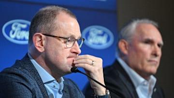 May 21, 2024; Toronto, Ontario, CANADA;  Toronto Maple Leafs general manager Brad Treliving listens to a question during a media conference to introduce new head coach Craig Berube (right) at Ford Performance Centre. Mandatory Credit: Dan Hamilton-Imagn Images