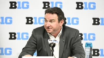Jul 24, 2024; Indianapolis, IN, USA; Michigan State Spartans head coach Jonathan Smith speaks to the media during the Big 10 football media day at Lucas Oil Stadium. Mandatory Credit: Robert Goddin-USA TODAY Sports