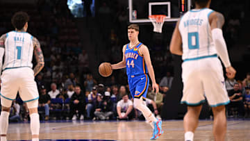 Oct 5, 2025; North Charleston, South Carolina, USA; Oklahoma City Thunder guard Nikola Topic (44) drives up the court against the Charlotte Hornets at North Charleston Coliseum. Mandatory Credit: Arthur Ellis-Imagn Images