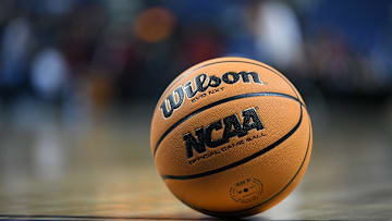 Mar 25, 2022; Greensboro, NC, USA;  A general shot of the game ball for the NCAA Women's tournament displaying the Final Four logo in the Greensboro regional semifinals of the women's college basketball NCAA Tournament at Greensboro Coliseum. Mandatory Credit: William Howard-Imagn Images