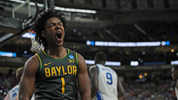 Mar 23, 2025; Raleigh, NC, USA; Baylor Bears guard Robert Wright III (1) reacts after a basket during the first half against the Duke Blue Devils in the second round of the NCAA Tournament at Lenovo Center. Mandatory Credit: Zachary Taft-Imagn Images