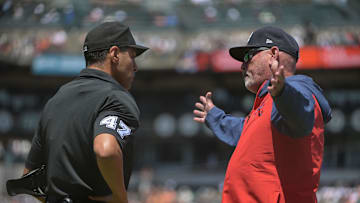 Jun 7, 2025; San Francisco, California, USA;  Atlanta Braves manager Brian Snitker argues a call with umpire Gabe Morales (47) during the fifth inning of the game against the San Francisco Giants at Oracle Park. Mandatory Credit: Ed Szczepanski-Imagn Images