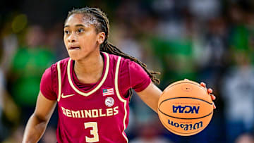 Feb 27, 2025; South Bend, Indiana, USA; Florida State Seminoles guard O'Mariah Gordon (3) dribbles in the first half against the Notre Dame Fighting Irish at the Purcell Pavilion. Mandatory Credit: Matt Cashore-Imagn Images