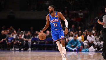 Oct 5, 2025; North Charleston, South Carolina, USA; Oklahoma City Thunder guard Isaiah Joe (11) drives up the court against the Charlotte Hornets in the first quarter at North Charleston Coliseum. Mandatory Credit: Arthur Ellis-Imagn Images