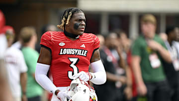 Aug 31, 2024; Louisville, Kentucky, USA;  Louisville Cardinals defensive back Quincy Riley (3) watches during warmups before facing off against the Austin Peay Governors at L&N Federal Credit Union Stadium. Mandatory Credit: Jamie Rhodes-Imagn Images