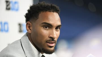 Jul 24, 2024; Indianapolis, IN, USA; Michigan State Spartans defensive back Dillon Tatum speaks to the media during the Big 10 football media day at Lucas Oil Stadium. Mandatory Credit: Robert Goddin-USA TODAY Sports