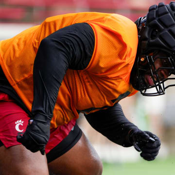 Cincinnati Bearcats defensive tackle Dontay Corleone participates in drills during football practice, Wednesday, July 31, 2024, at Nippert Stadium in Cincinnati.