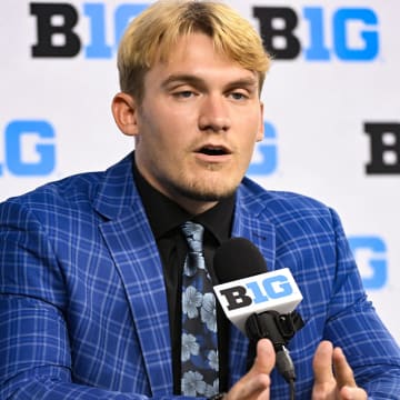 Jul 25, 2024; Indianapolis, IN, USA; Minnesota Golden Gophers linebacker Cody Lindenberg speaks to the media during the Big 10 football media day at Lucas Oil Stadium. Mandatory Credit: Robert Goddin-USA TODAY Sports