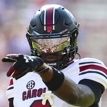 Oct 19, 2024; Norman, Oklahoma, USA;  South Carolina Gamecocks wide receiver Nyck Harbor (8) reacts before the game against the Oklahoma Sooners at Gaylord Family-Oklahoma Memorial Stadium. Mandatory Credit: Kevin Jairaj-Imagn Images