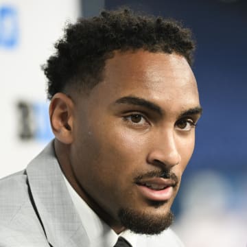 Jul 24, 2024; Indianapolis, IN, USA; Michigan State Spartans defensive back Dillon Tatum speaks to the media during the Big 10 football media day at Lucas Oil Stadium. Mandatory Credit: Robert Goddin-USA TODAY Sports