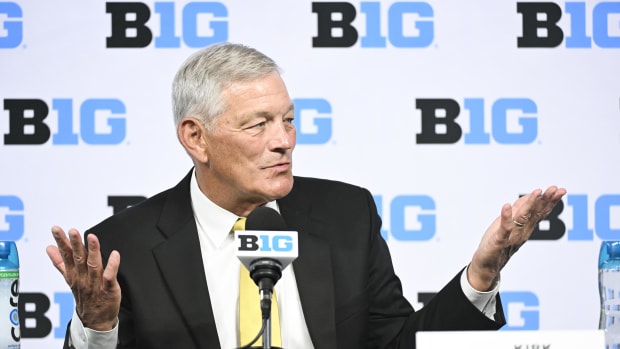 Jul 24, 2024; Indianapolis, IN, USA; Iowa Hawkeyes head coach Kirk Ferentz speaks to the media during the Big 10 football med