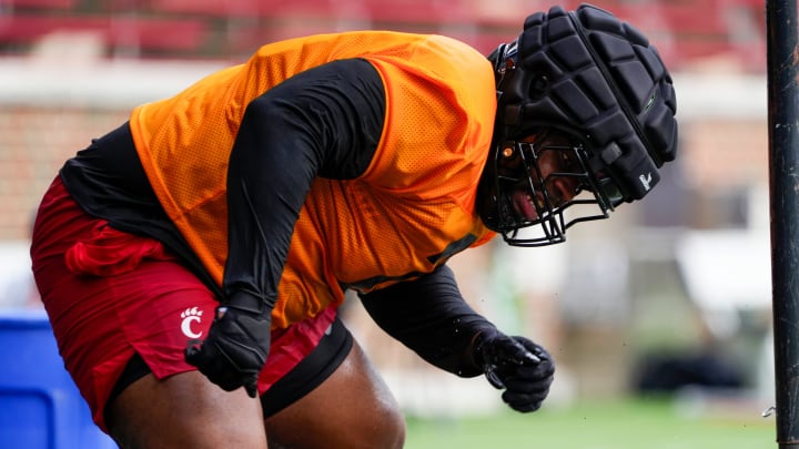 Cincinnati Bearcats defensive tackle Dontay Corleone participates in drills during football practice, Wednesday, July 31, 2024, at Nippert Stadium in Cincinnati.