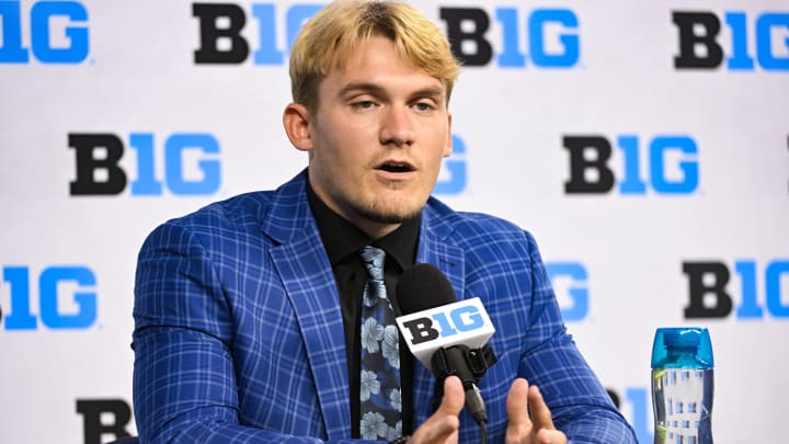 Jul 25, 2024; Indianapolis, IN, USA; Minnesota Golden Gophers linebacker Cody Lindenberg speaks to the media during the Big 10 football media day at Lucas Oil Stadium. Mandatory Credit: Robert Goddin-USA TODAY Sports