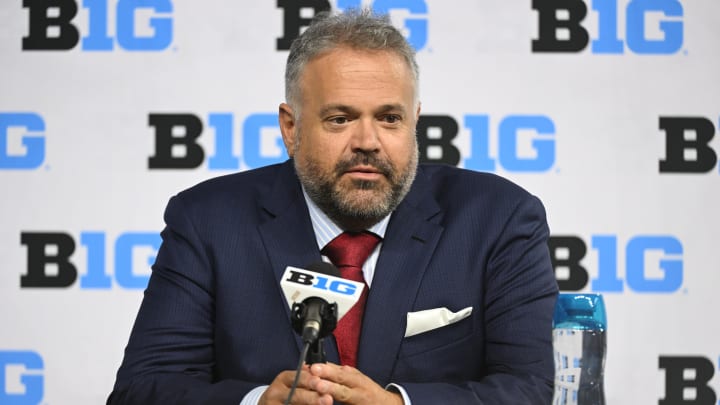 Jul 24, 2024; Indianapolis, IN, USA; Nebraska Cornhuskers head coach Matt Rhule speaks to the media during the Big 10 football media day at Lucas Oil Stadium. 