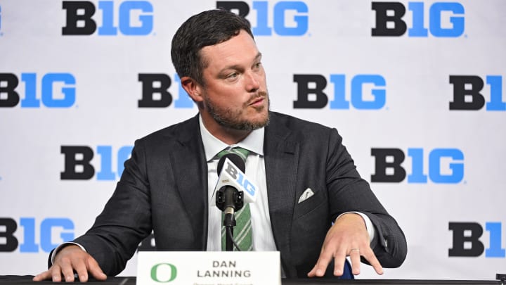 Jul 25, 2024; Indianapolis, IN, USA; Oregon Ducks head coach ??Dan Lanning speaks to the media during the Big 10 football media day at Lucas Oil Stadium. Mandatory Credit: Robert Goddin-USA TODAY Sports