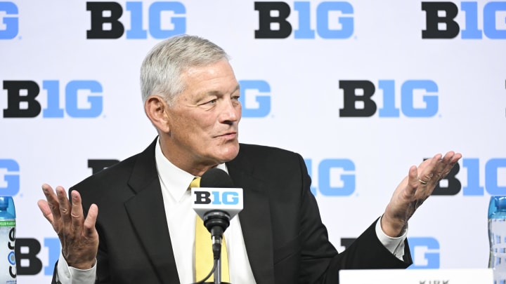 Jul 24, 2024; Indianapolis, IN, USA; Iowa Hawkeyes head coach Kirk Ferentz speaks to the media during the Big 10 football media day at Lucas Oil Stadium. Mandatory Credit: Robert Goddin-USA TODAY Sports