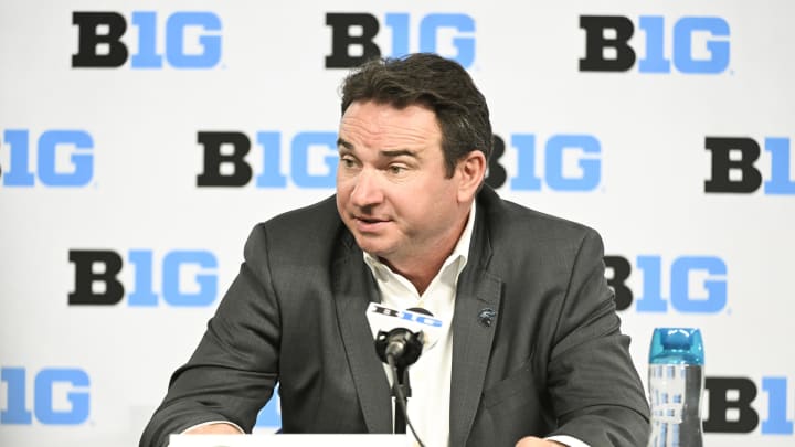 Jul 24, 2024; Indianapolis, IN, USA; Michigan State Spartans head coach Jonathan Smith speaks to the media during the Big 10 football media day at Lucas Oil Stadium. Mandatory Credit: Robert Goddin-USA TODAY Sports