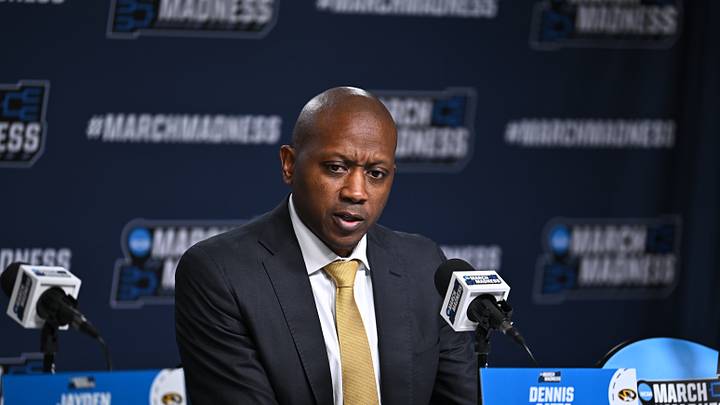 Mar 20, 2026; St. Louis, MO, USA; Missouri Tigers head coach Dennis Gates answers questions at a press conference after the game against Miami (FL) Hurricanes during a first round game of the men's 2026 NCAA Tournament at Enterprise Center. Mandatory Credit: Jeff Le-Imagn Images