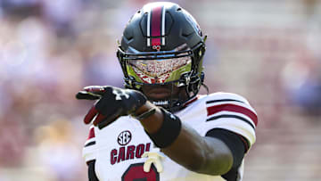 Oct 19, 2024; Norman, Oklahoma, USA;  South Carolina Gamecocks wide receiver Nyck Harbor (8) reacts before the game against the Oklahoma Sooners at Gaylord Family-Oklahoma Memorial Stadium. Mandatory Credit: Kevin Jairaj-Imagn Images