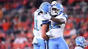 Oct 31, 2025; Syracuse, New York, USA; North Carolina Tar Heels running back Demon June (12) is greeted by tight end Conner Cox (81) after scoring a touchdown in the third quarter against the Syracuse Orange at the JMA Wireless Dome. Mandatory Credit: Mark Konezny-Imagn Images