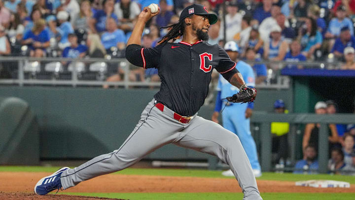 Jul 26, 2025: Cleveland Guardians relief pitcher Emmanuel Clase (48) delivers a pitch against the Kansas City Royals in the ninth inning at Kauffman Stadium. 