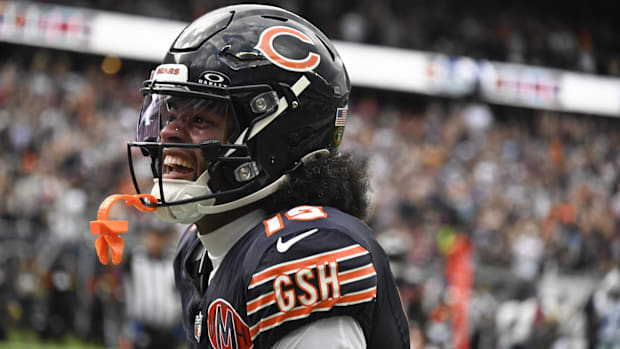 Chicago Bears Rome Odunze yells after scoring a touchdown against the Dallas Cowboys