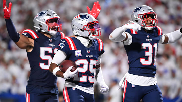 Oct 5, 2025; Orchard Park, New York, USA; New England Patriots cornerback Marcus Jones (25) reacts after an interception against the Buffalo Bills during the second half at Highmark Stadium. Mandatory Credit: Mark Konezny-Imagn Images