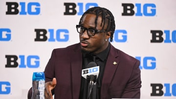 Jul 25, 2024; Indianapolis, IN, USA; Oregon Ducks linebacker Jeffrey Bassa speaks to the media during the Big 10 football media day at Lucas Oil Stadium. Mandatory Credit: Robert Goddin-USA TODAY Sports