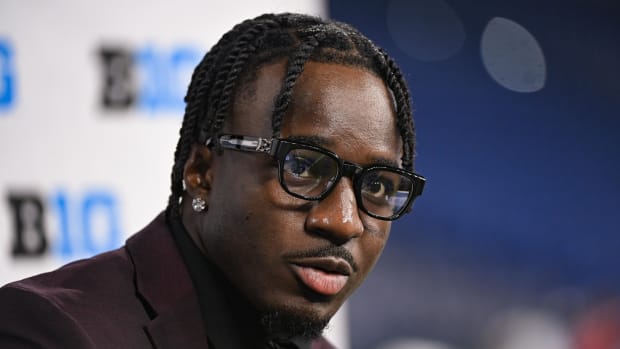 Oregon Ducks linebacker Jeffrey Bassa speaks to the media during the Big 10 football media day 